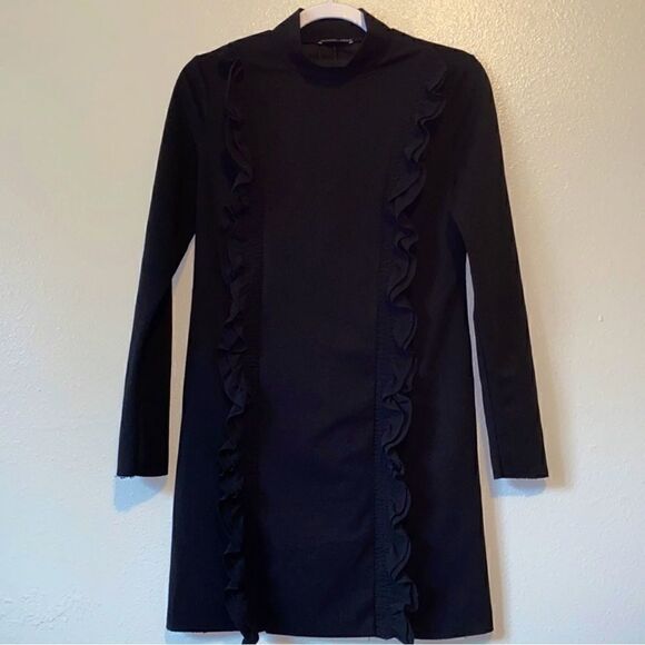 Chic Elegance: Zara Black Ruffle Long Sleeve Mock Neck Dress - Picture 2 of 6